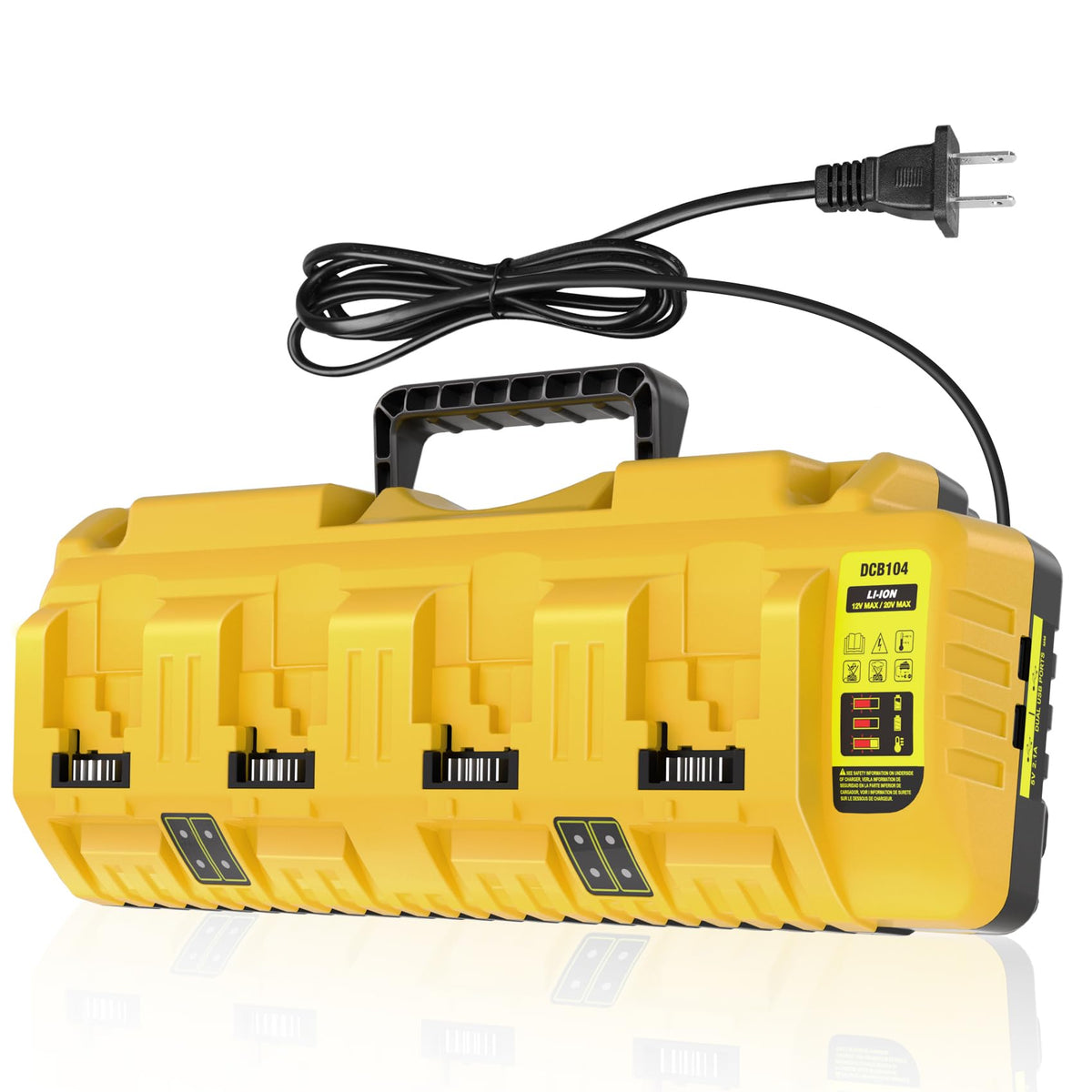 Leisuda DCB104 front view shows four charging bays for DeWalt batteries