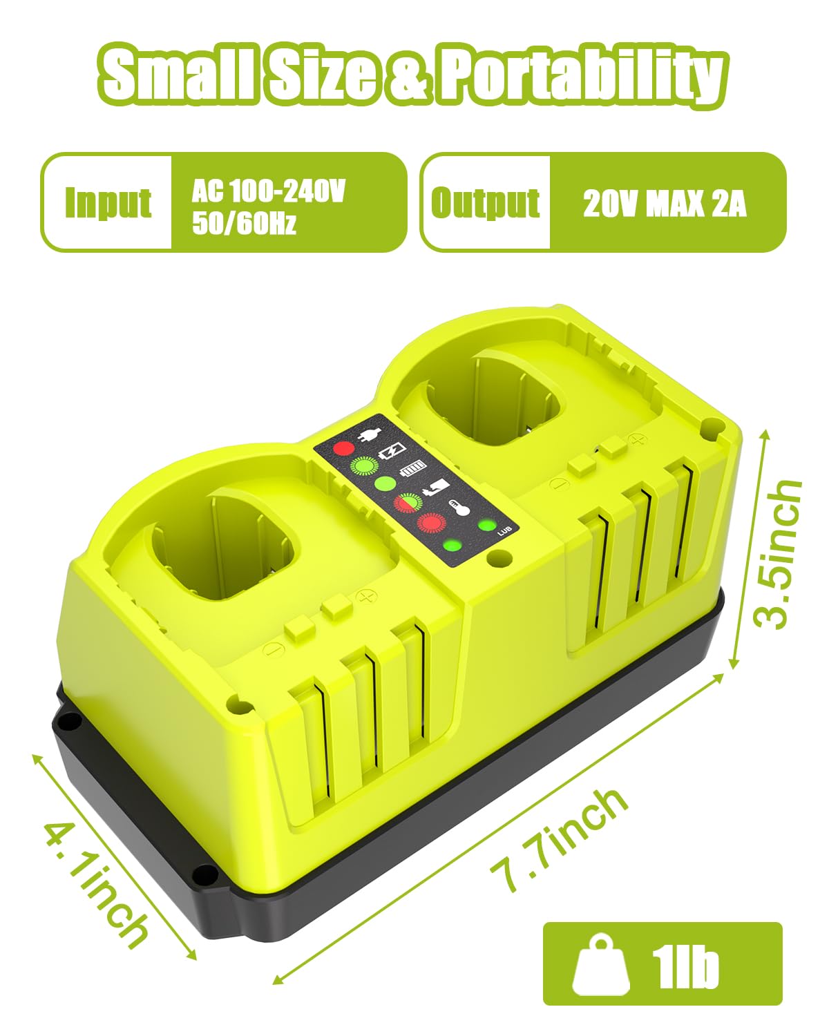 Leisuda P117 18V dual-port charger side view for simultaneous battery charging