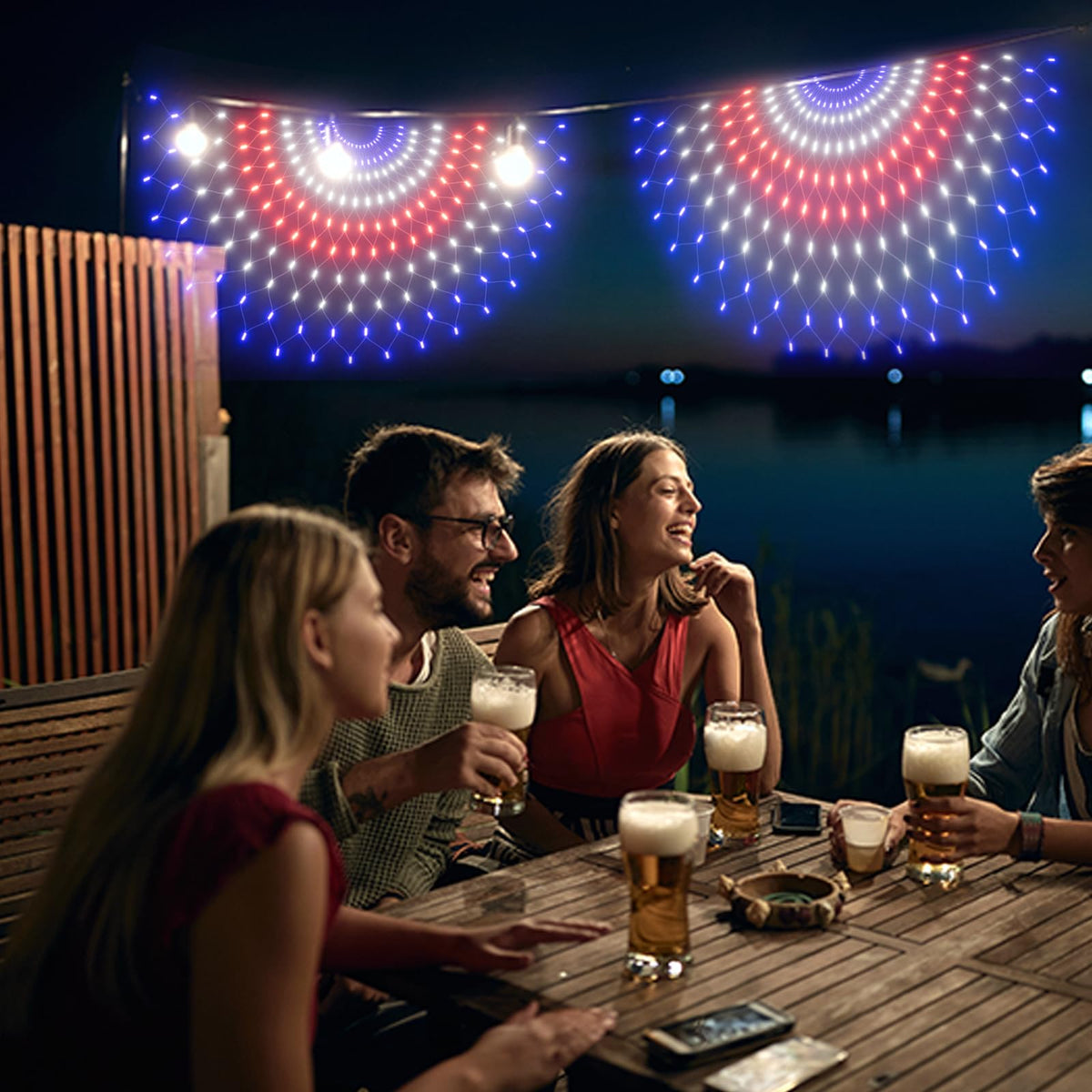 Leisure World outdoor patriotic lights with 8 modes for customizable ambiance.