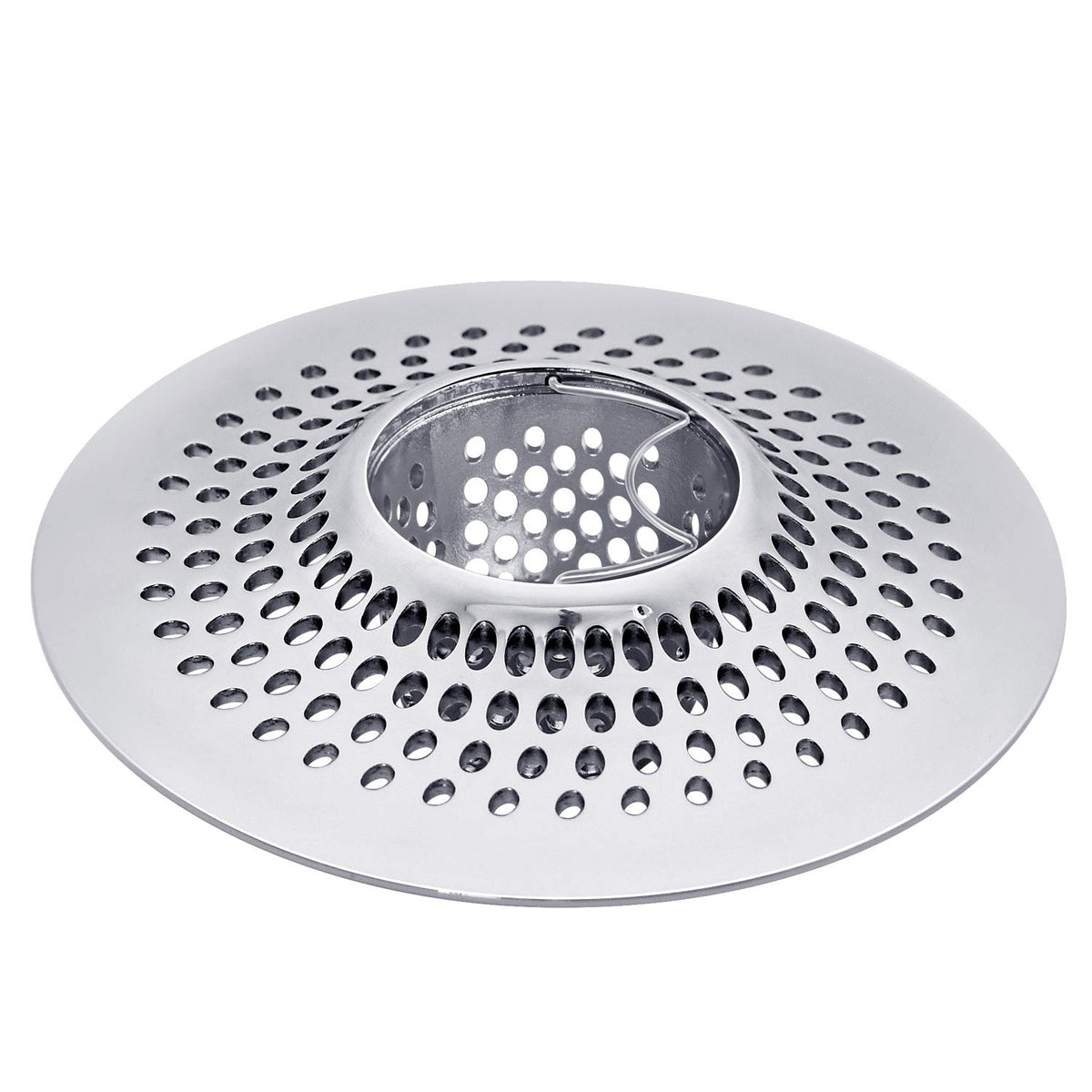 LEKEYE drain hair catcher basket in stainless steel catching hair while maintaining water flow.