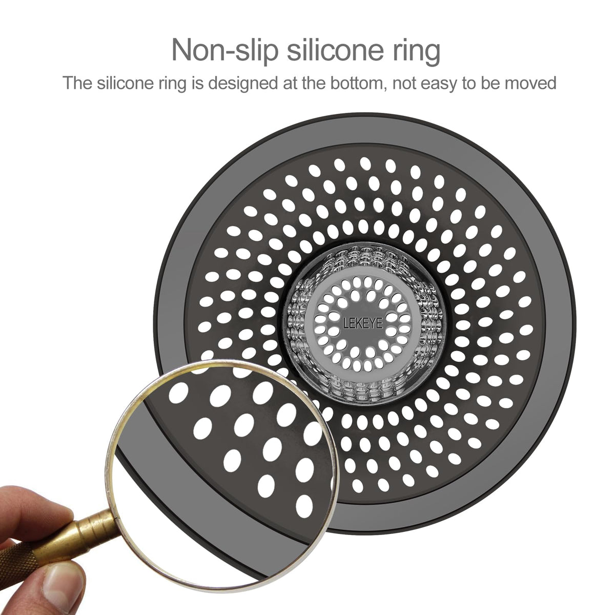 LEKEYE hair catcher installed in shower drain; helps prevent clogs during showers.