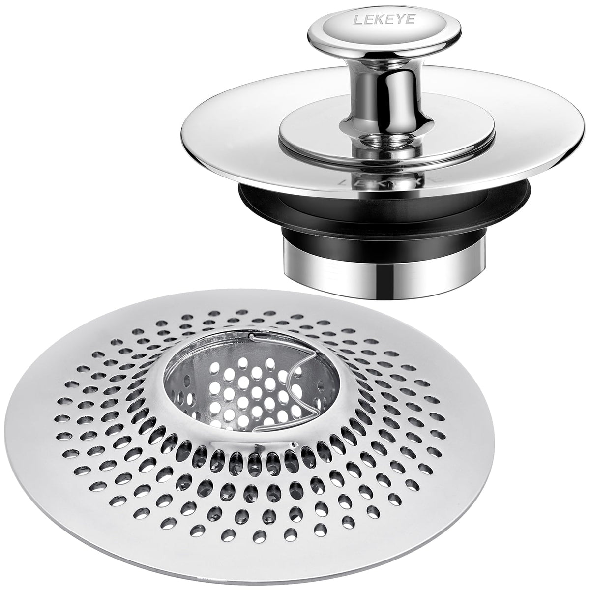 LEKEYE Shower Drain Hair Catcher assembled shows durable stainless steel protection against clogs.