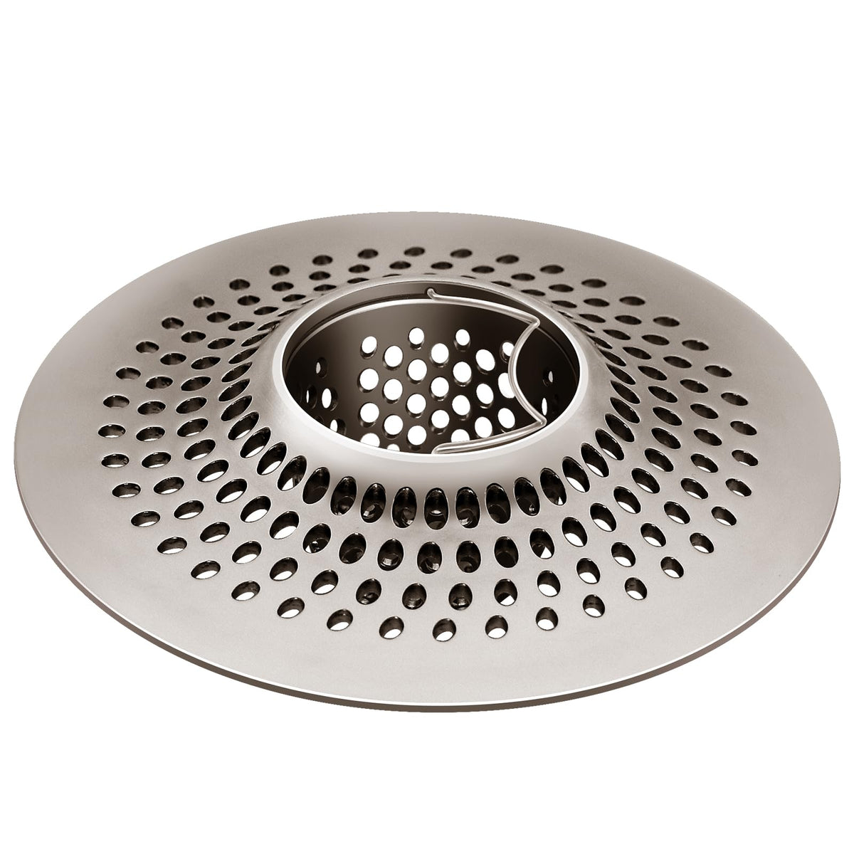 LEKEYE shower drain hair catcher in brushed nickel close-up; keeps drains flowing smoothly.