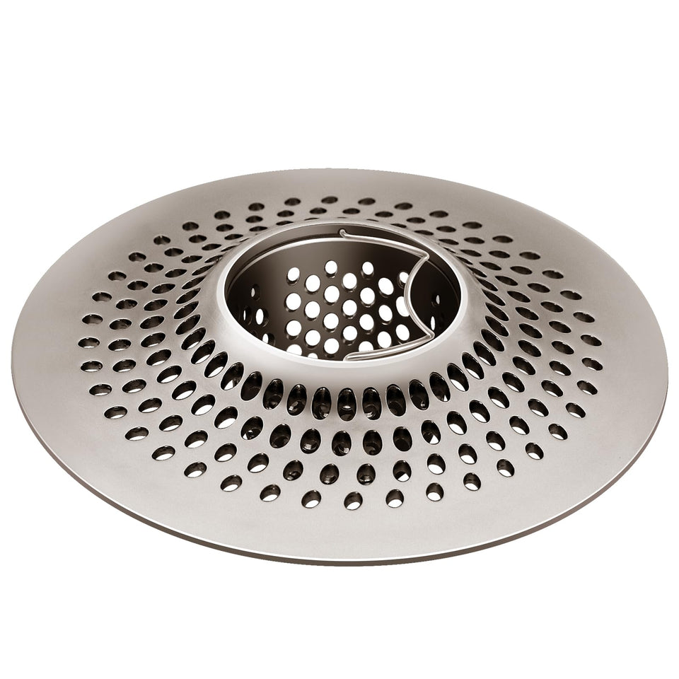 LEKEYE shower drain hair catcher in brushed nickel close-up; keeps drains flowing smoothly.