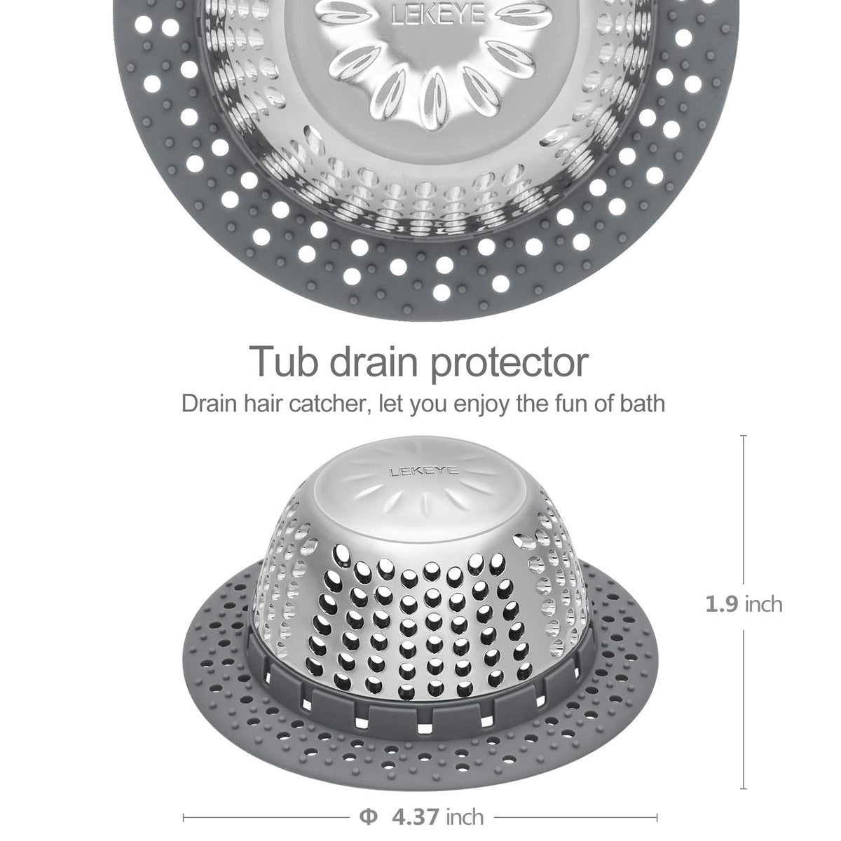 LEKEYE silicone-rim seal sits flush on the drain for secure grip.