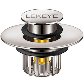 LEKEYE tub stopper with strainer traps hair to prevent clogs.