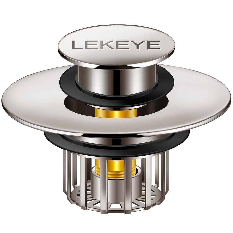 LEKEYE tub stopper with strainer traps hair to prevent clogs.
