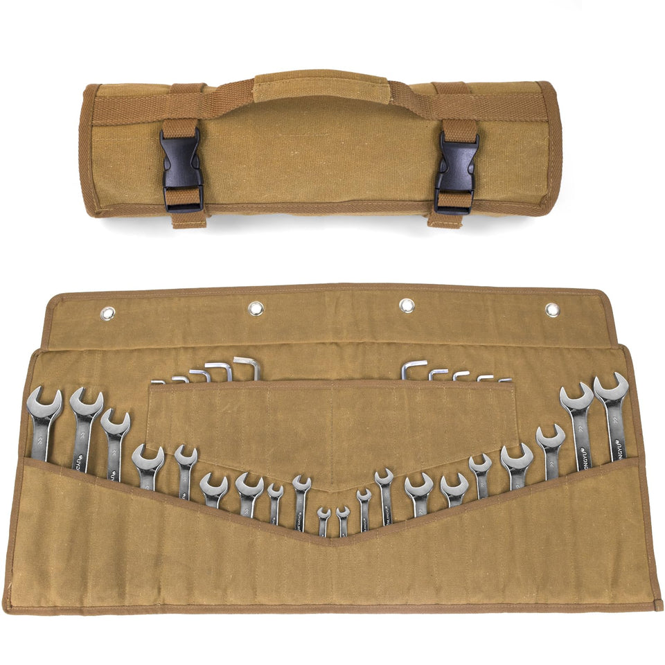 Lelezone Wrench Roll with 32 pockets keeps tools neatly organized for quick access.