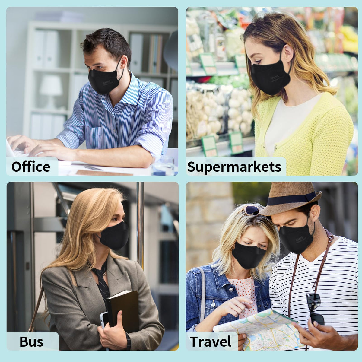 LEMENT KN95 mask usage scenarios shows versatility for work and travel.