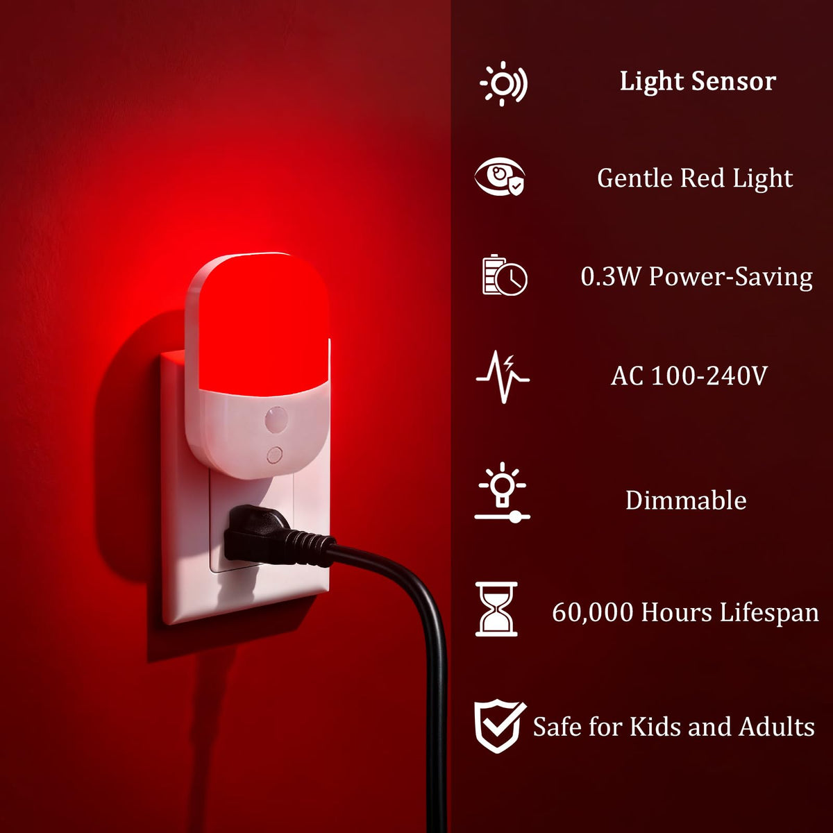 LemSen energy-efficient red light night light saves power at 0.3W usage.