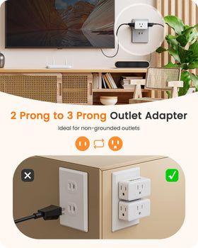LENCENT 2-to-3 prong adapter, side-angle view, fits behind furniture.