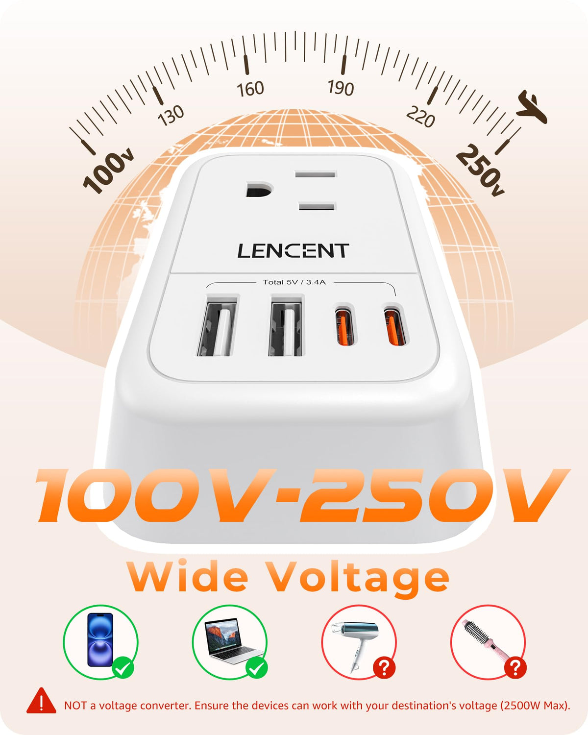 LENCENT adapter showing 3250W power capacity for multiple devices