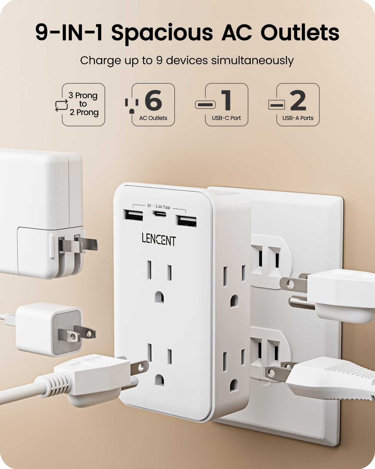 LENCENT compact outlet splitter fits tight spaces and reduces clutter.