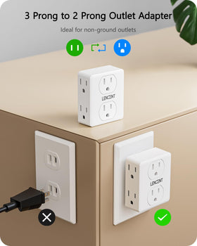 LENCENT compact wall tap converts two-prong into three-prong in tight spaces.