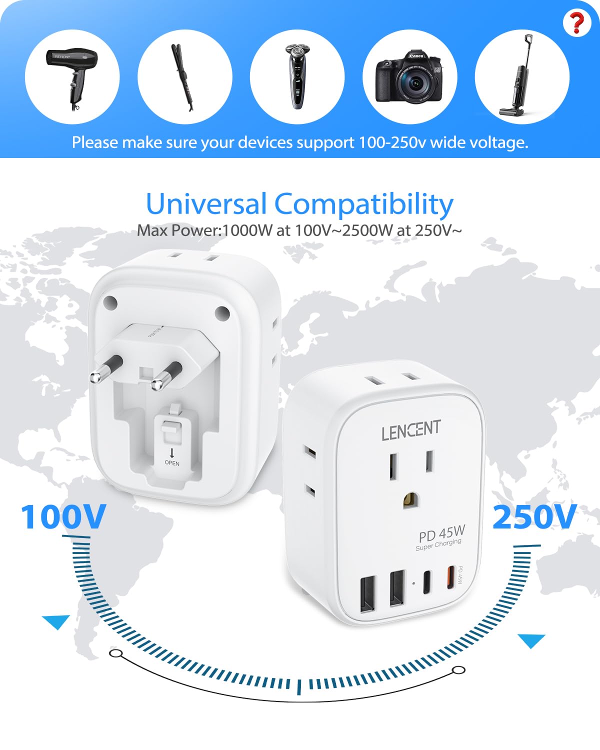 LENCENT compatibility covers most European countries for hassle-free charging.