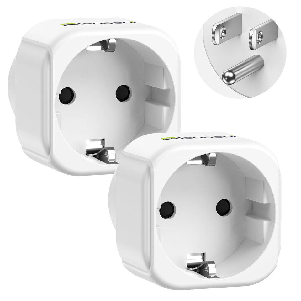 LENCENT Europe to US adapter 2-pack connected to a laptop for travel convenience.