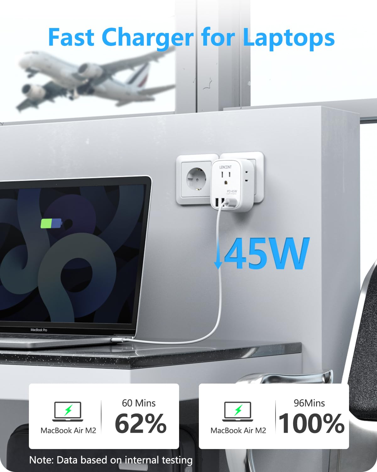 LENCENT foldable EU plug keeps surfaces safe from scratches.