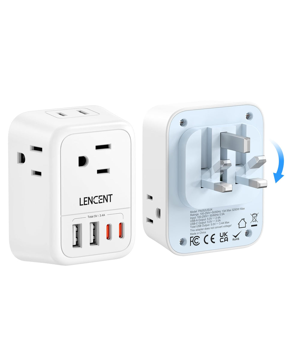 LENCENT foldable US-to-UK adapter in a compact travel design