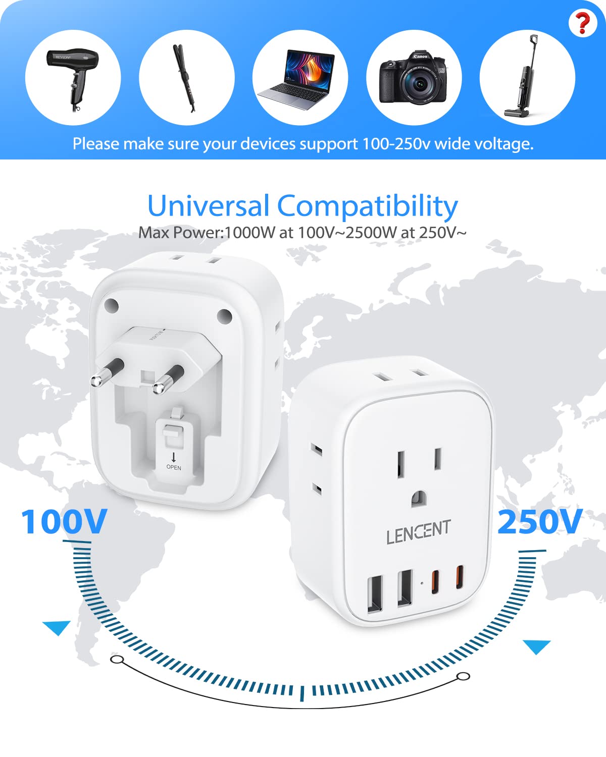 LENCENT 2500W capacity supports multiple devices simultaneously