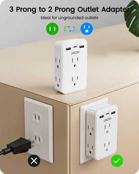 LENCENT adapter showing 6 sockets with USB-C and USB-A ports for versatile charging.