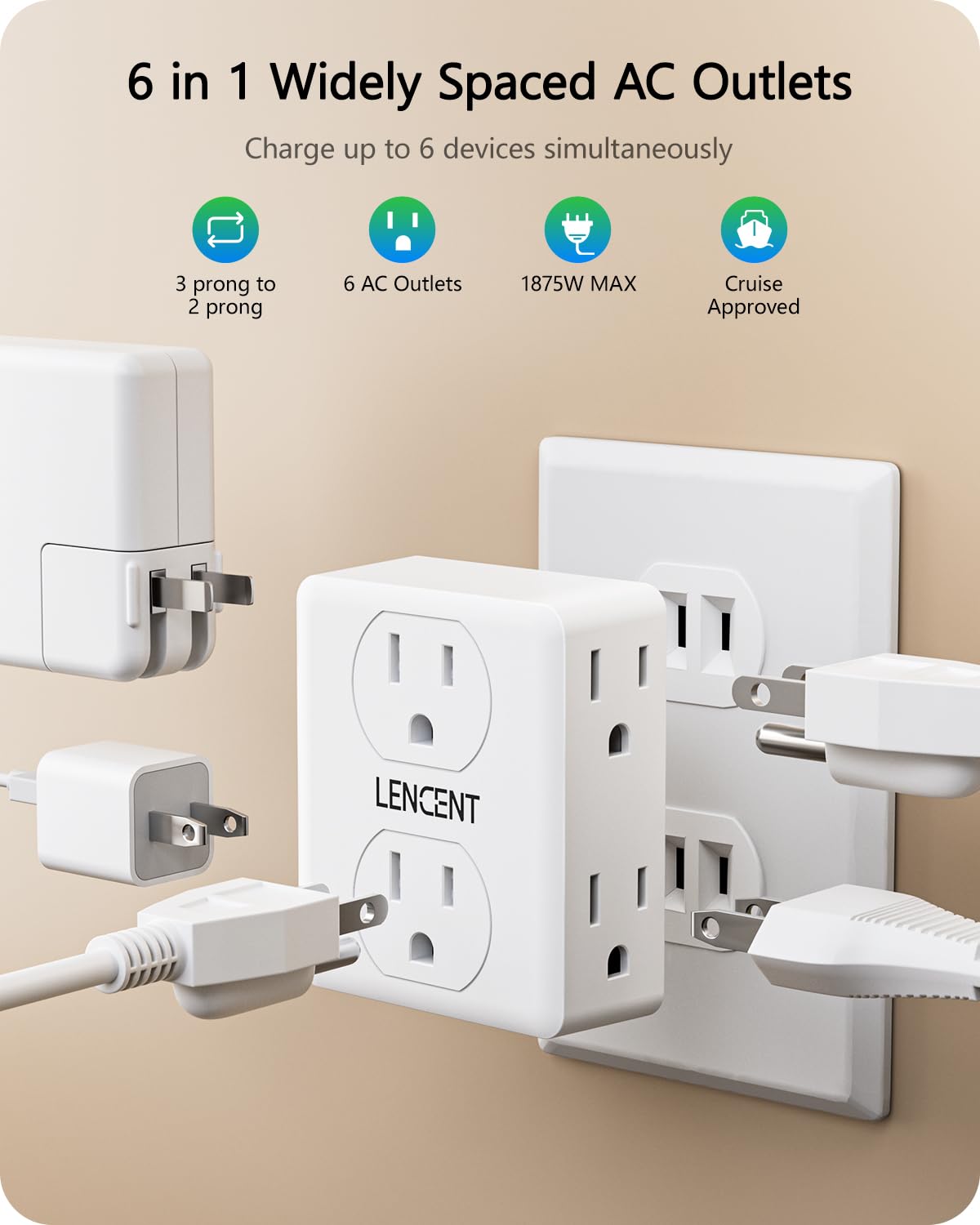 LENCENT three-sided wall plug highlights accessible outlet angles for easier reach