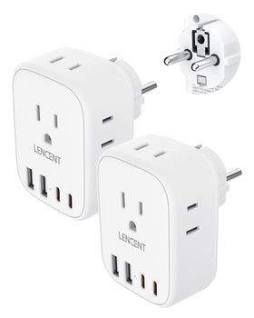 LENCENT 8-in-1 Schuko travel adapter with four USB ports.