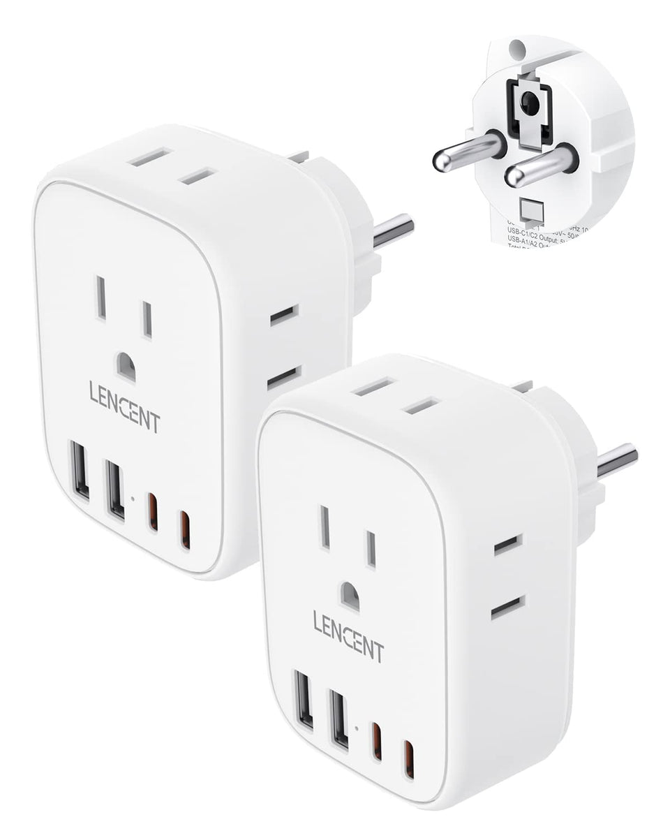 LENCENT 8-in-1 Schuko travel adapter with four USB ports.