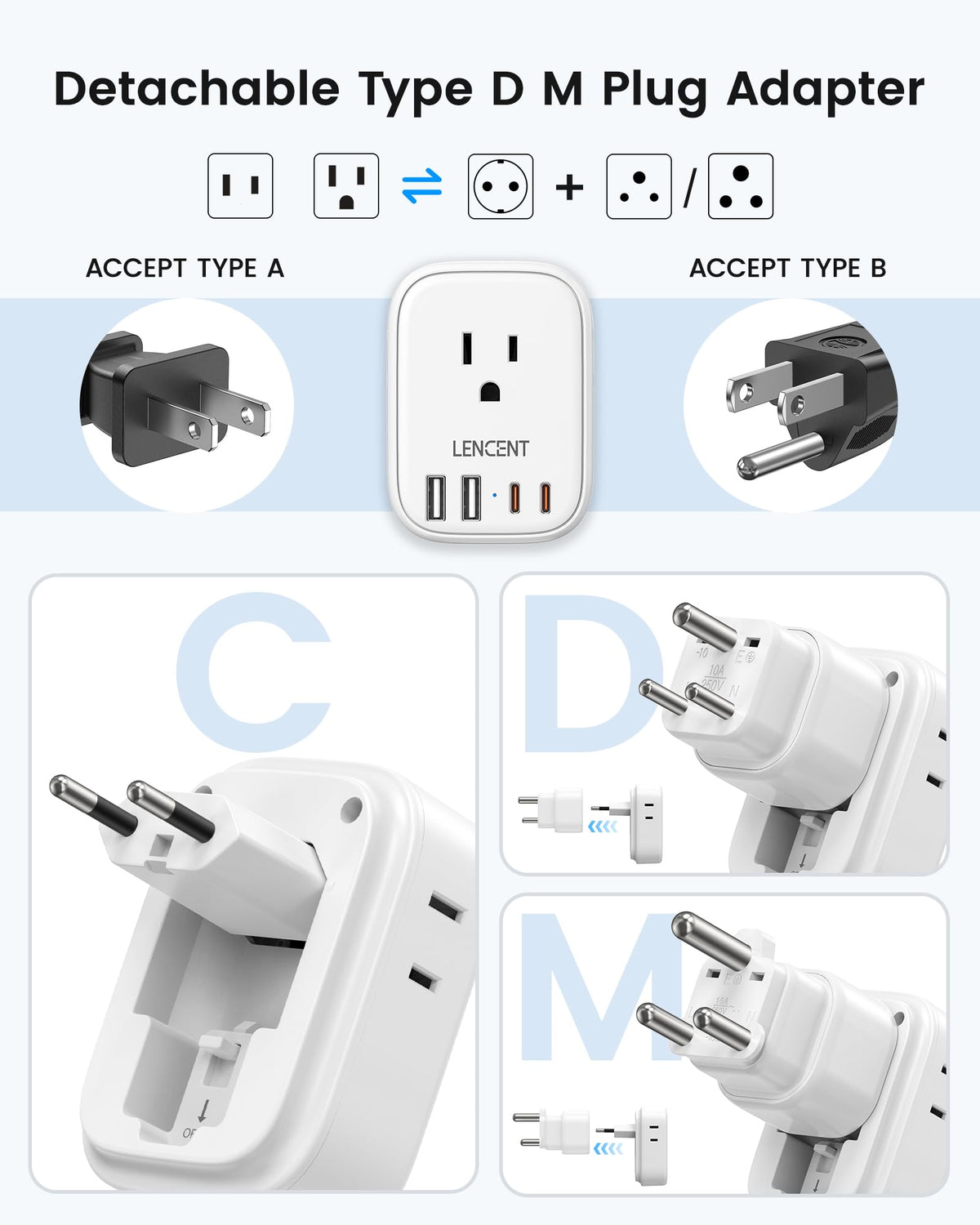 LENCENT adapter with detachable Type M plug for Africa versatility