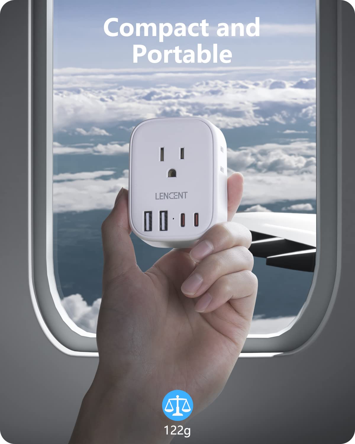 LENCENT travel adapter with built-in safety protections and compact design.