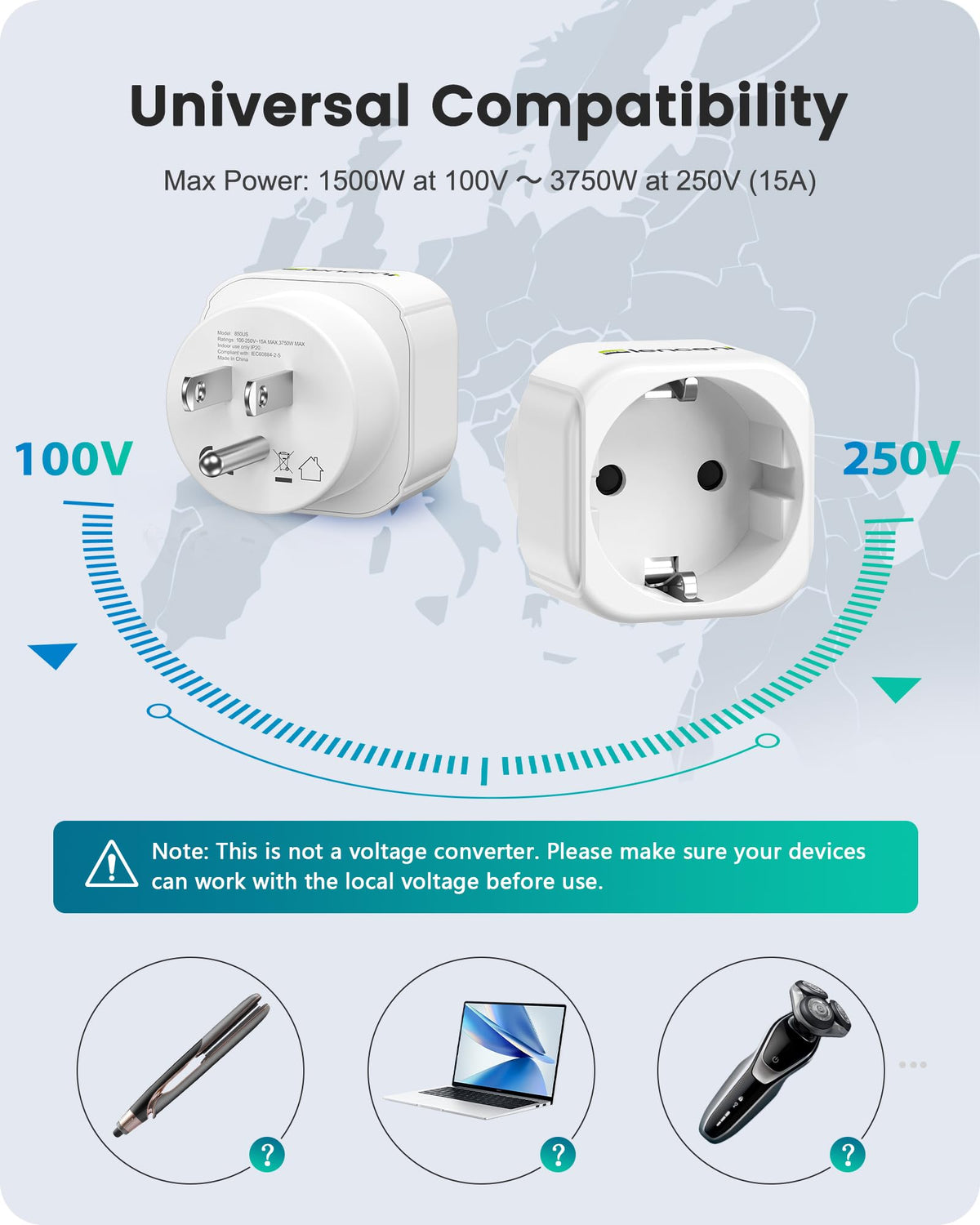 LENCENT Europe to US adapter with grounding and child-safe design for families.