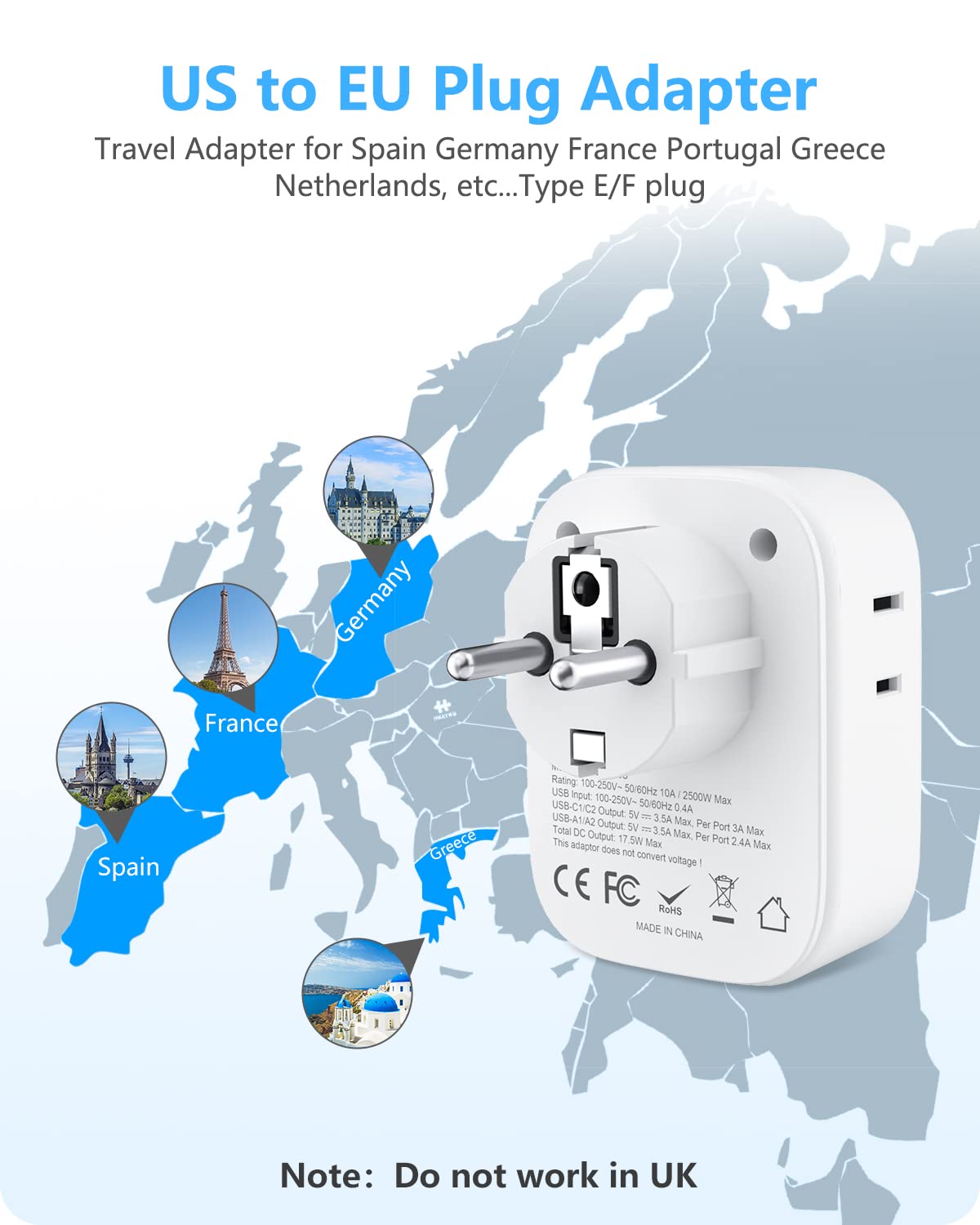 LENCENT US-to-EU plug for Type E/F compatibility in Europe.