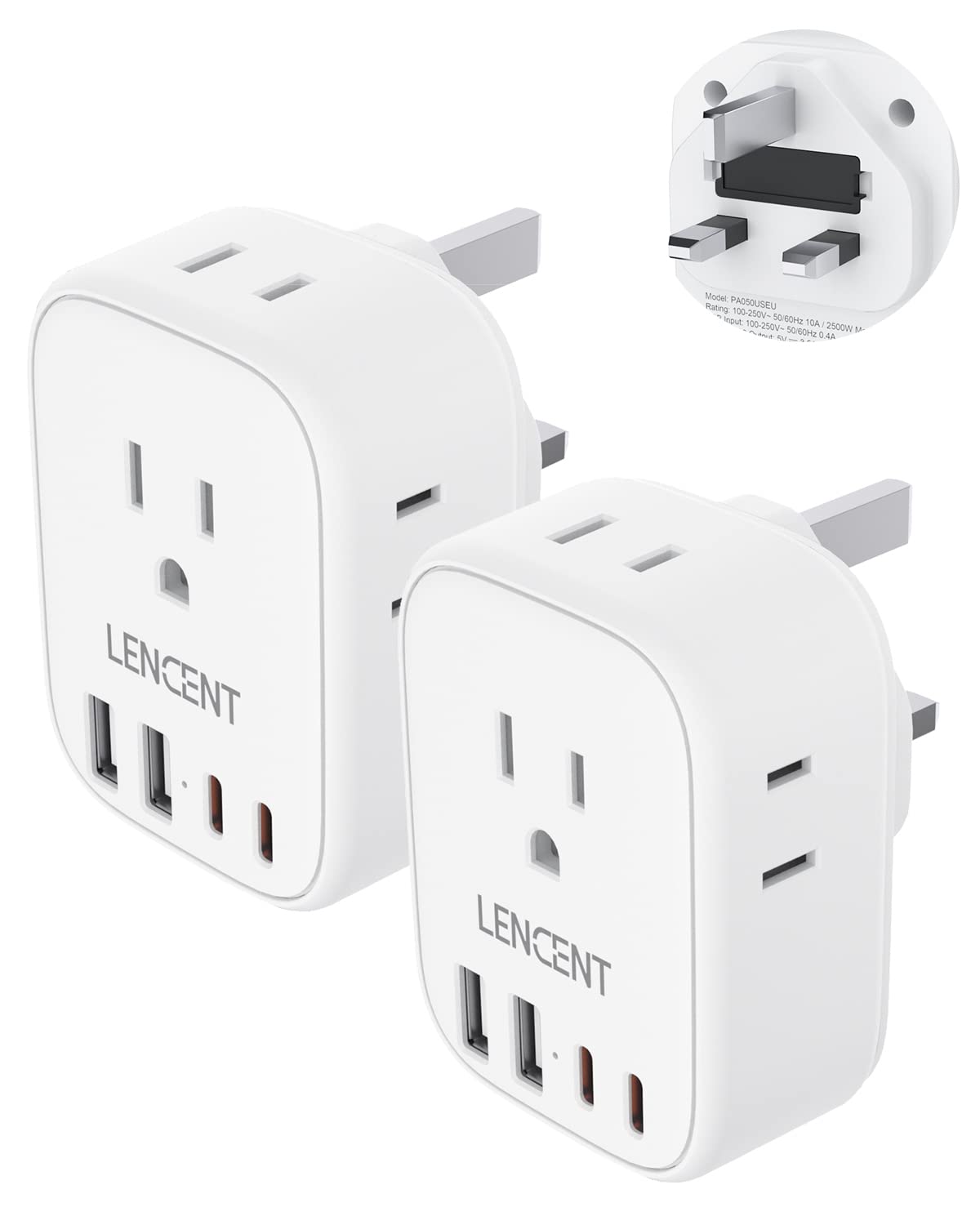 LENCENT US-to-UK travel adapter with four outlets and four USB ports for on-the-go charging.