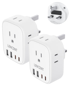LENCENT US-to-UK travel adapter with four outlets and four USB ports for on-the-go charging.