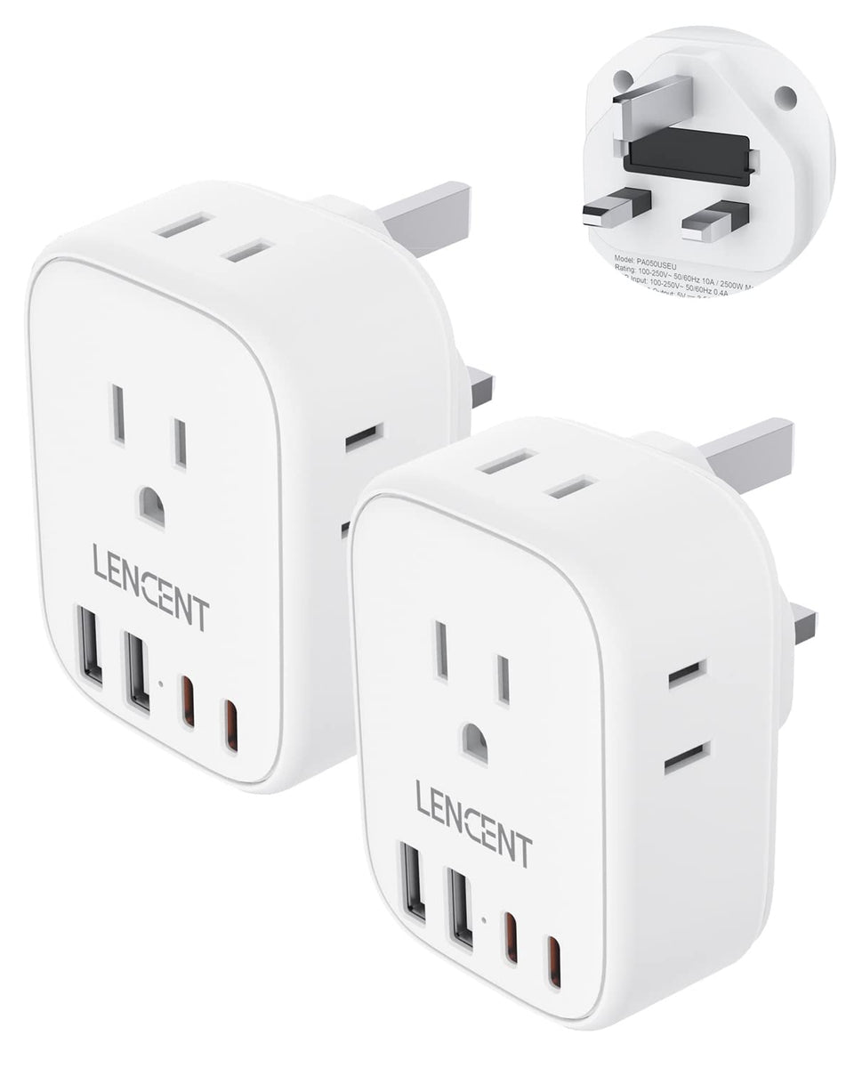 LENCENT US-to-UK travel adapter with four outlets and four USB ports for on-the-go charging.