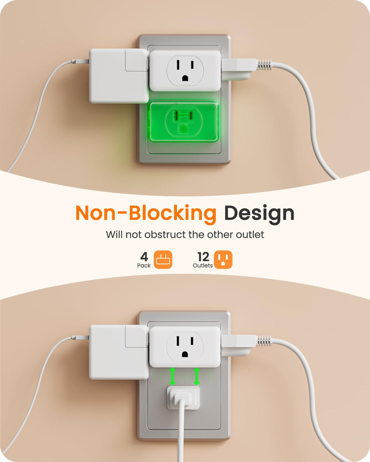 LENCENT wall outlet extender in use, three outlets accessible for daily devices.
