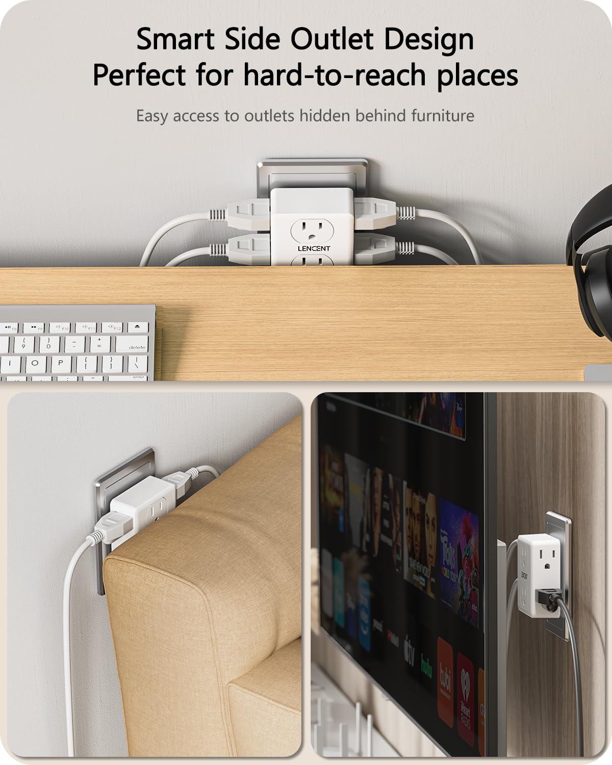 LENCENT wide-spaced outlets prevent plug blocking when devices are side by side