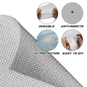Fiberglass screen mesh from Lengtimo cut to fit openings.