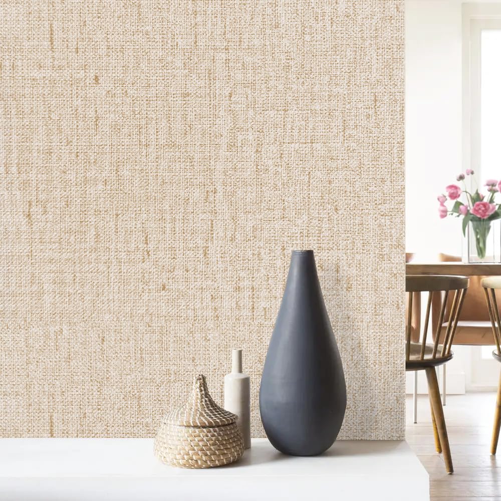 Lenify beige grasscloth application close-up demonstrating peel-and-stick ease