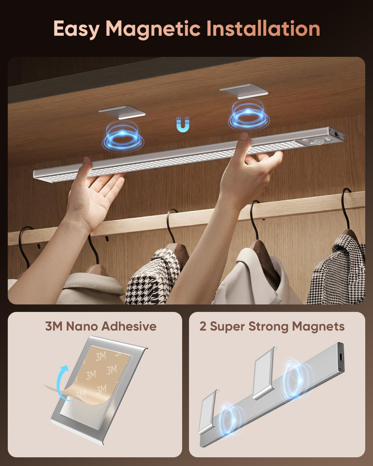 LENOMA magnetic and adhesive mounting for simple, tool-free installation.