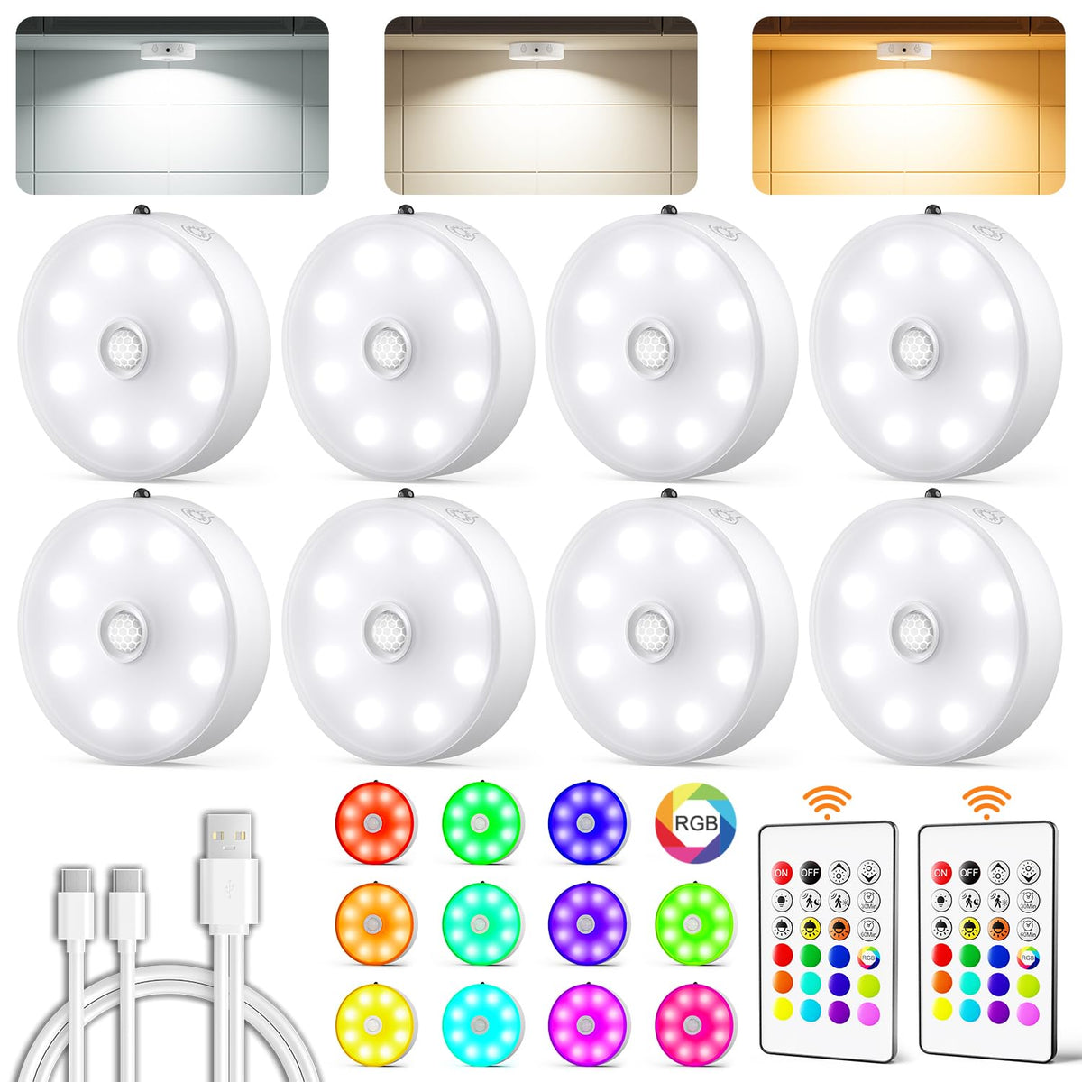 LENOMA puck light with remote close-up showing magnetic mount for quick placement.