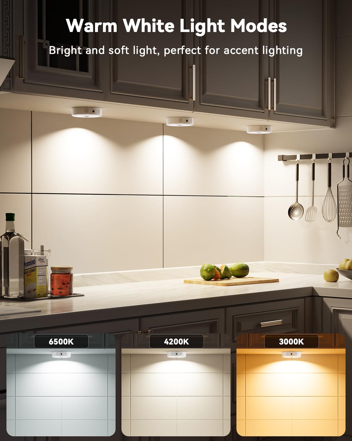 LENOMA puck light under cabinet in kitchen with warm glow.