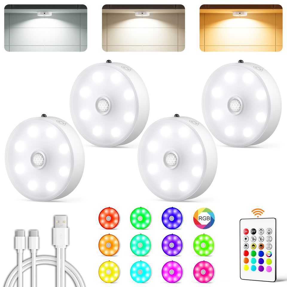 LENOMA puck lights with remote provide wireless closet lighting control.