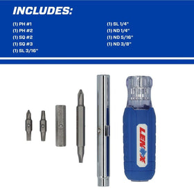 Lenox 9-In-1 screwdriver shows nut sizes 1/4, 5/16, 3/8 for quick tasks.