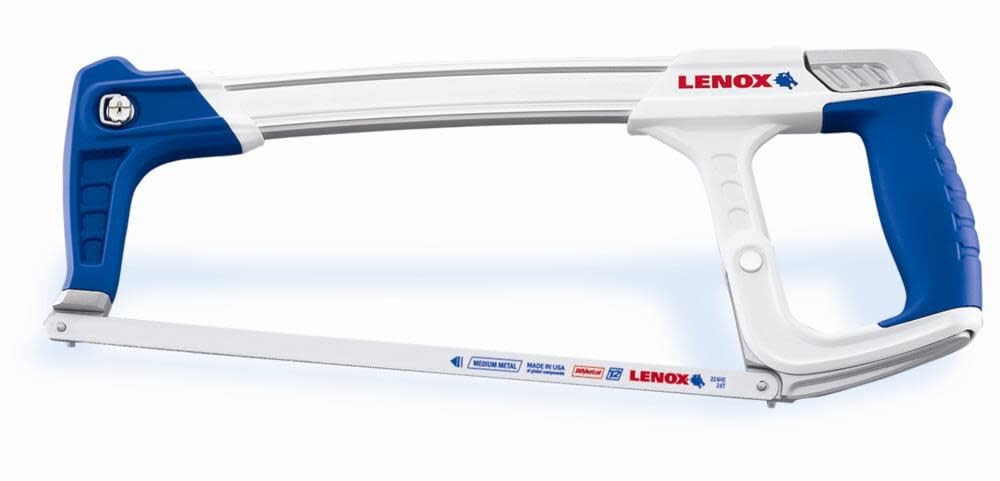 Lenox hacksaw frame showing blade storage for up to five extra blades.