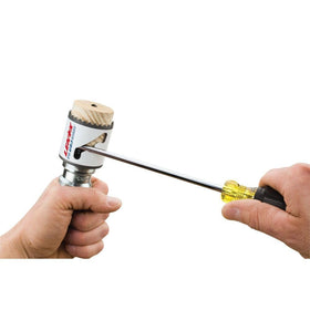 Lenox Tools bi-metal hole saw mounted on a metal workpiece for clean penetration.