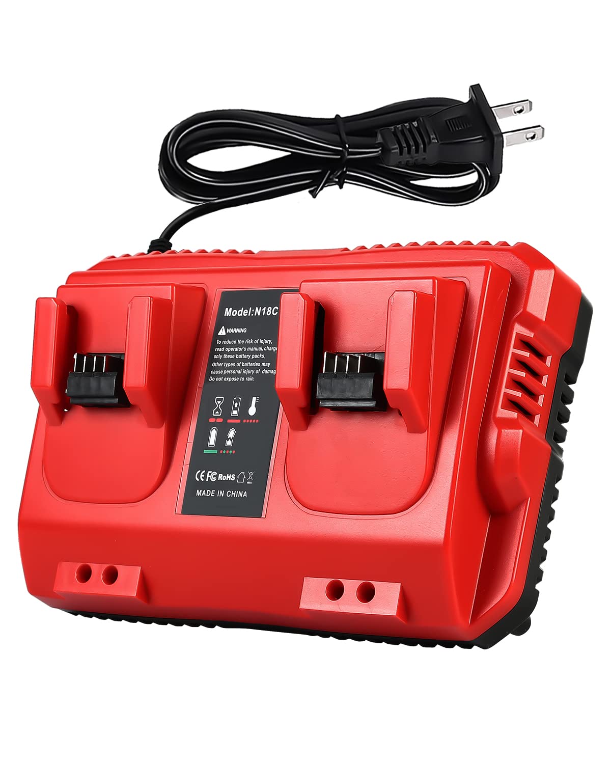 Lenoya 18V rapid charger front view with two ports for Milwaukee batteries.