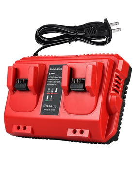 Lenoya 18V rapid charger front view with two ports for Milwaukee batteries.