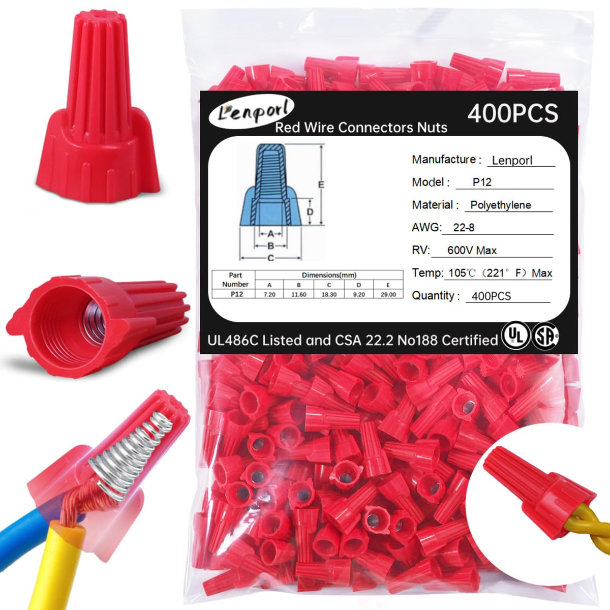 Lenporl red P12 wire nuts with twist-cap for secure home wiring connections.