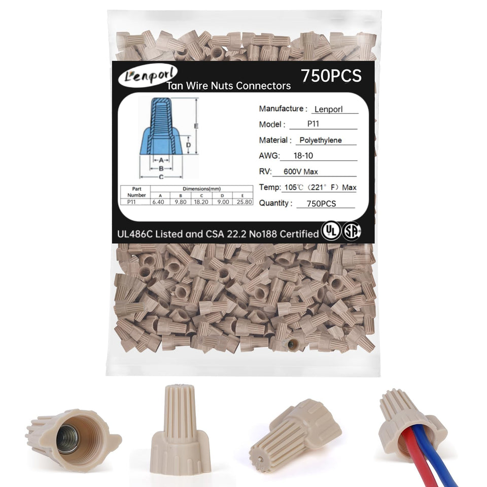 Lenporl tan wire nuts 750pcs pack for fast, solder-free electrical connections.