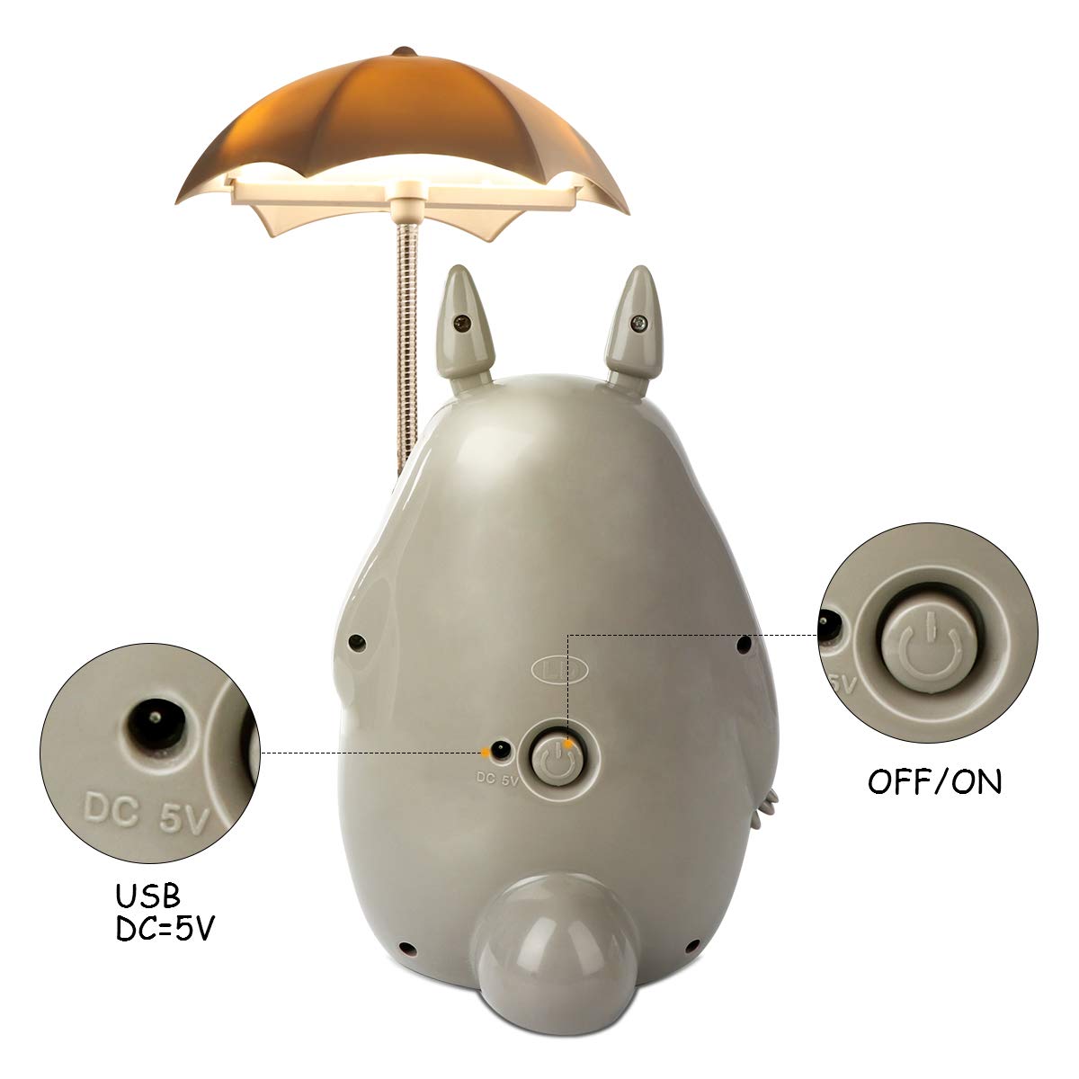 Closeup of Lenporl Totoro lamp showing belly glow on desk